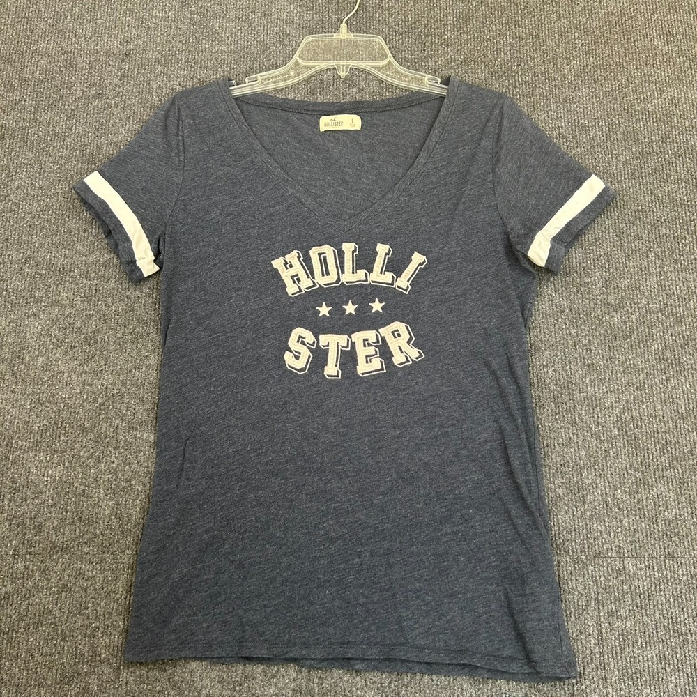 Hollister Women's T-shirt‎ V-Neck SS Striped Sleeves Embroidered Blue/Gray Large